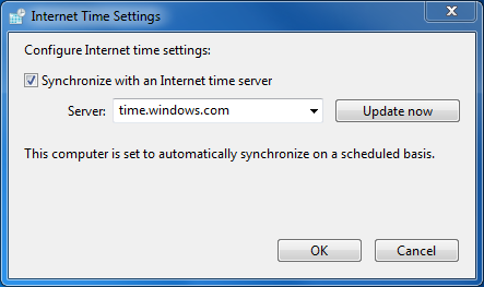 Windows 7 Internet Time Settings window
